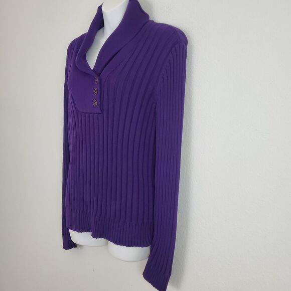 Lauren Jeans Co Women's Sweater Medium Purple Pullover Ribbed Knit Shawl Collar - Picture 6 of 8